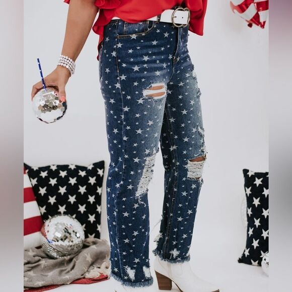 New Star Print Distressed Mom Jeans - Picture 2 of 11
